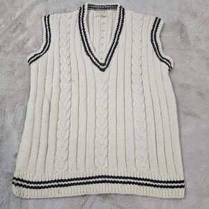 Vintage 1970s Handmade Wool Blend V-Neck Sweater Vest White with Blue Stripe